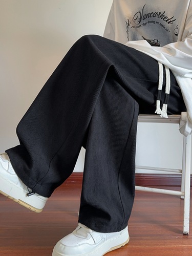 Men's Corduroy Pants for Autumn/Winter with Fleece Lining and Thickening, Trendy Brand American Heavyweight Casual Long Pants, Loose Straight-Tube Wide Leg Pants