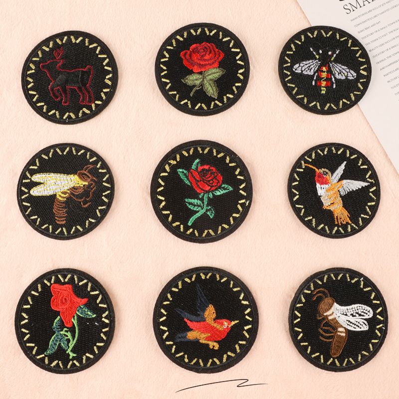 电脑绣花标圆形徽章玫瑰花小鸟刺绣贴服装辅料个性补丁贴徽章布贴