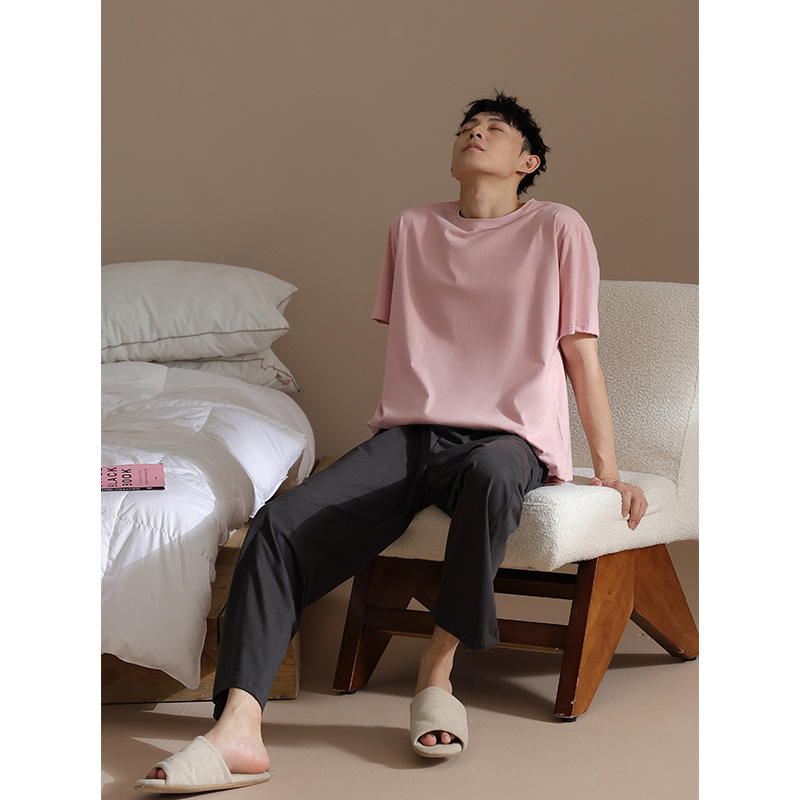 2024 New Arrival Pajamas Men's Summer Pure Cotton Short-sleeved Trousers Casual Loose Pink Pullover Teenager Home Clothes suit