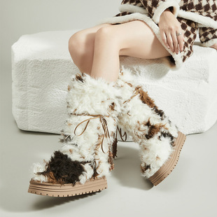 2024 Platinum Fall/Winter New All-match Round Head Three-color Yellow Cattle Hair Thick Bottom Warm Non-slip Women's Mid-barrel Snow Boots