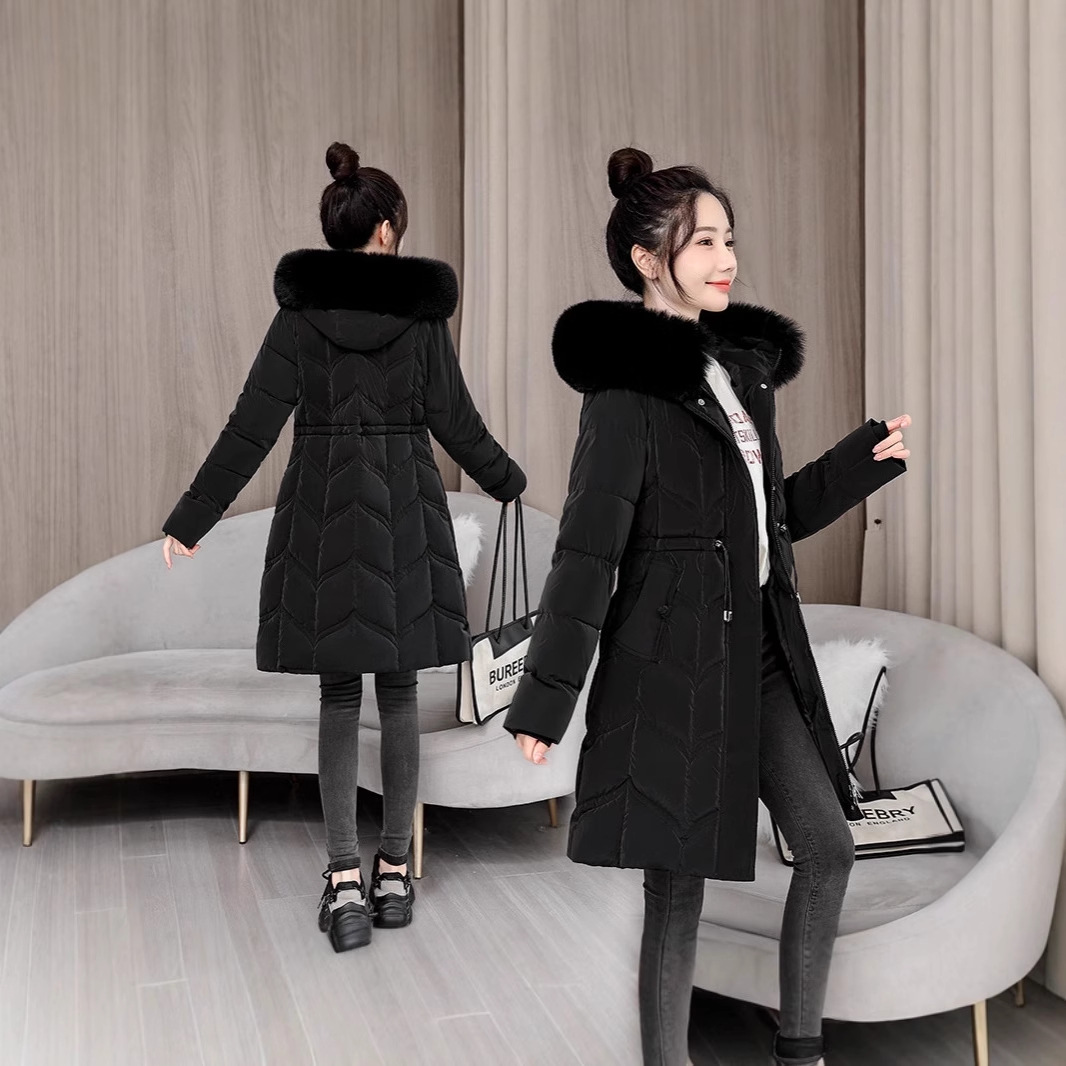 2025 nueva moda de invierno de mujer cintura retraída cuello de cabello espeso exterior abrigo de algodón caliente