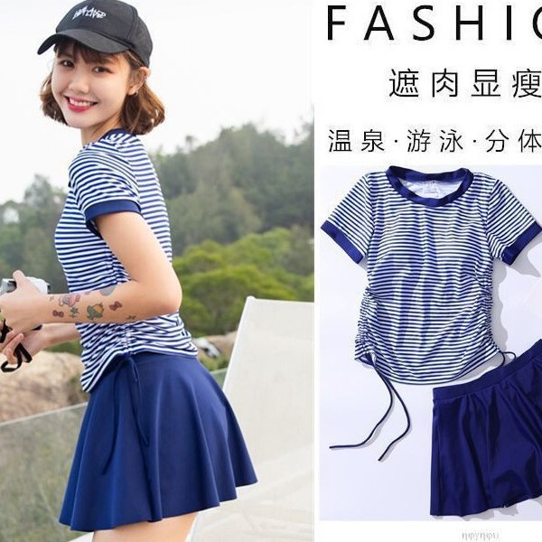 New Short-Sleeved Split Skirt Two-Piece Boxer-Covering Belly Slimming Hot Spring Swimsuit, Comfortable and Quick-Drying, Directly Supplied from the Manufacturer
