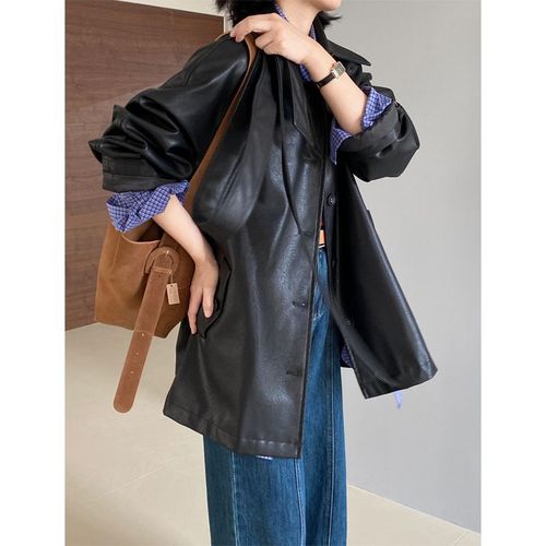 Women's black leather jacket, popular American style, petite short coat for spring and autumn, fashionable and high-end, trendy jacket.