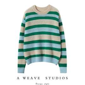 秋冬季新款舒适时尚百搭女士单纱绿色条纹圆领羊绒毛衣针织衫