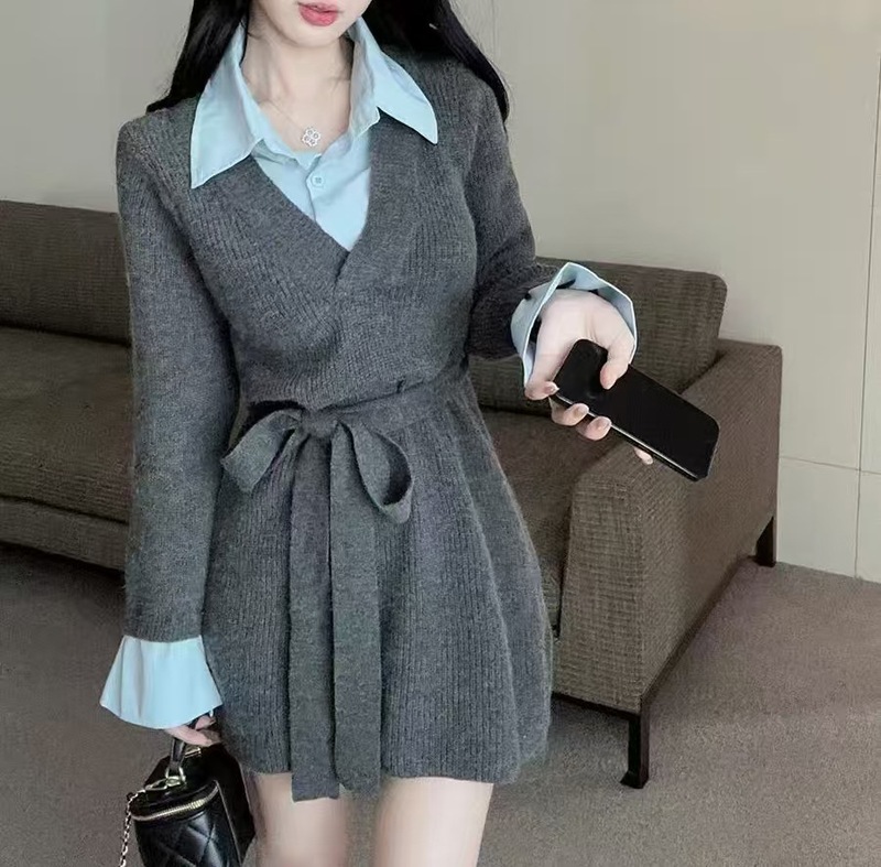 慵懒风韩版假两件衬衫拼接系带收腰针织连衣裙女秋冬短款毛衣裙子|undefined