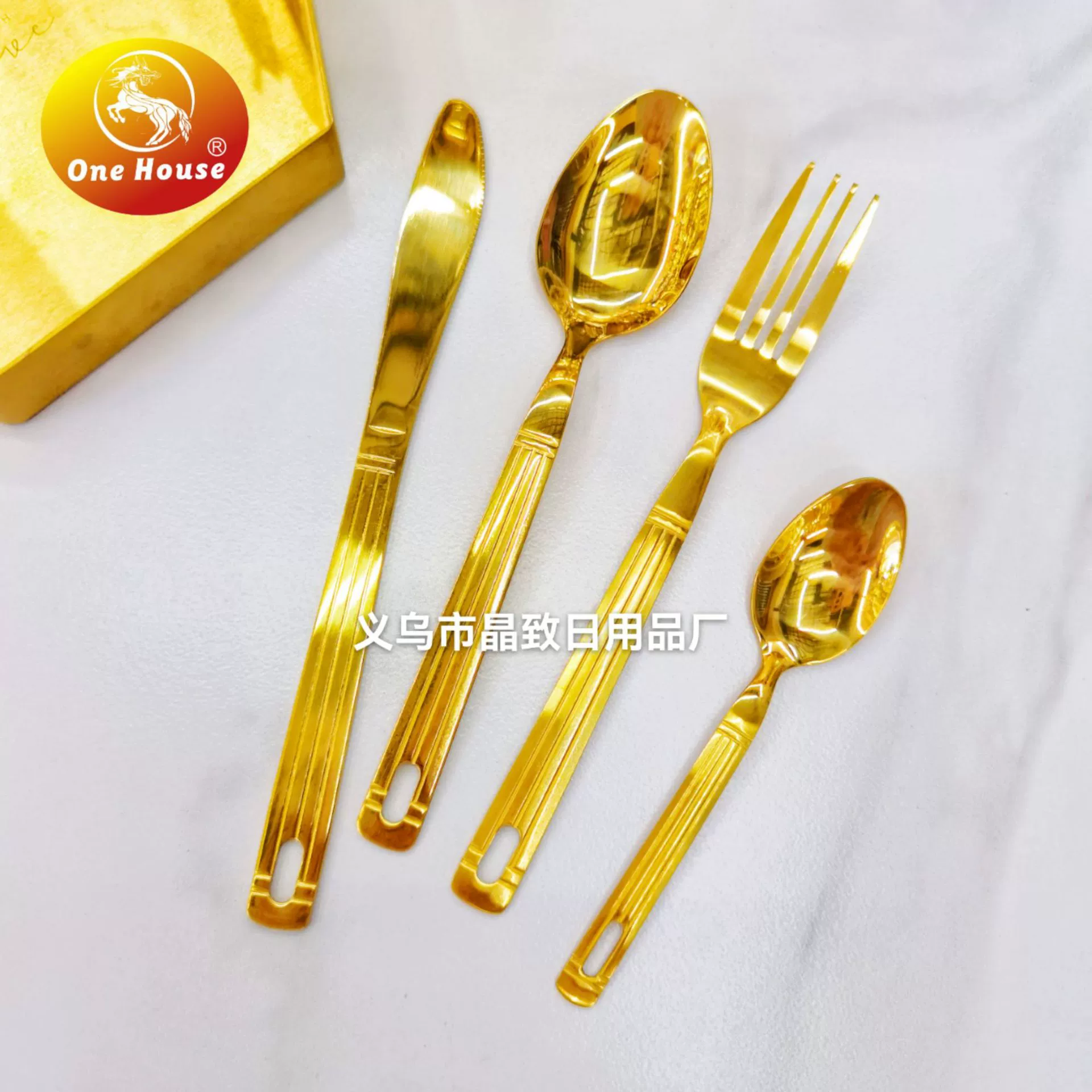 [A tableware hot -selling stainless steel knife fork spoon spoon spoon of western tableware creative three -line square handle gold plating exquisite tableware]