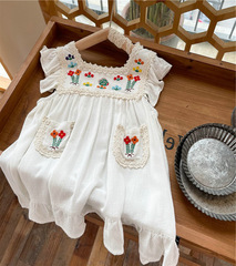 Summer Chic Girls' Dresses 2024 for Kids - New Small and Medium Children's Forest System Sweet Flower Embroidery Baby Fly Sleeve Backless Dress