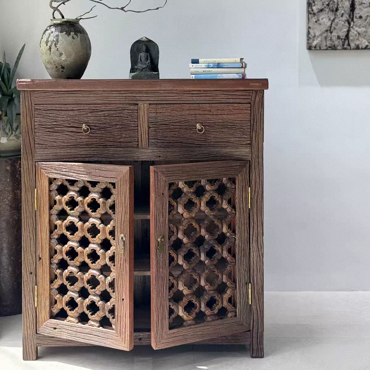 侘寂风实木边柜入户玄关抽屉收纳柜风化老榆木餐边柜民宿储物柜