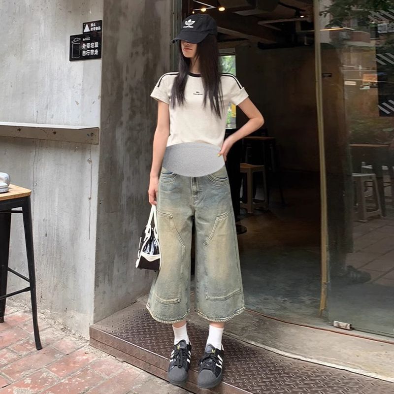 Maternity Pants Summer Thin Outer Wear Leggings Jeans Summer Wear 2025 New Style Non-Tight Belly Cropped Wide Leg Pants