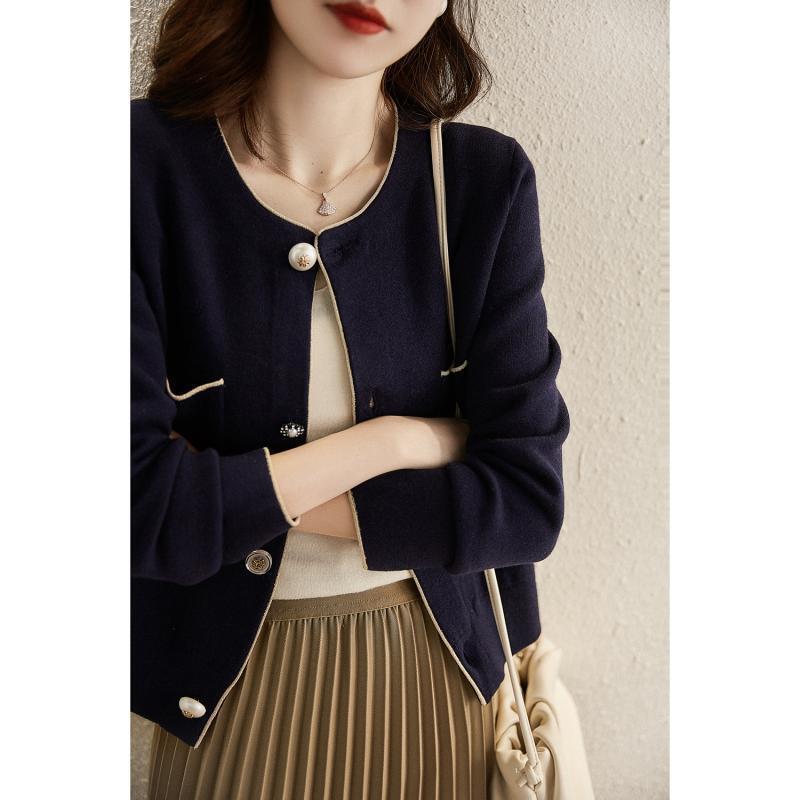Chic retro high texture era new women's pearl diamond buckle bright silk trim wool knitted cardigan ELZY25855 Chic retro high texture era new women's pearl diamond buckle bright silk trim wool knitted cardigan ELZY25855