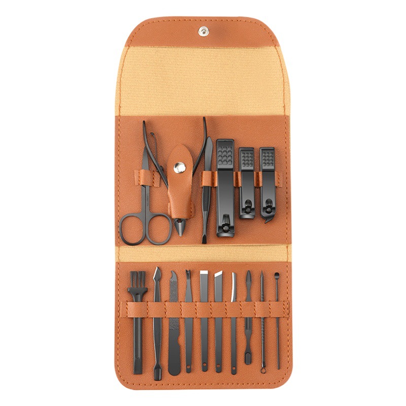 Cortaúñas en ángulo en stock, juego completo, paquete plegable negro, juego de cortaúñas de 16 piezas, manicura con alicates para cutículas de acero inoxidable