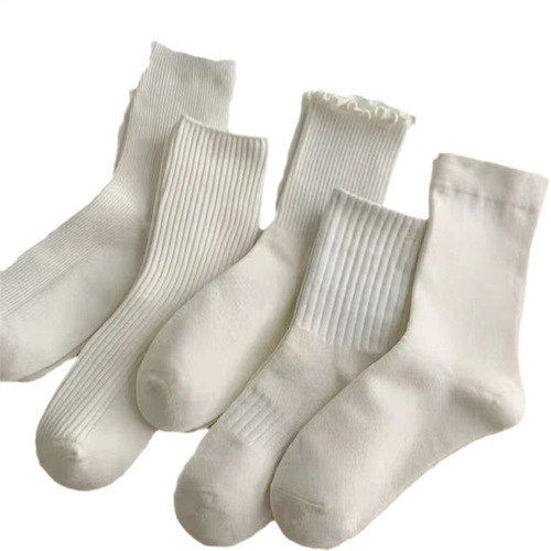 White chunky socks for women, summer Instagram-style, with lace trim and cream-colored mid-calf design—Japanese-style JK-inspired, breathable long socks with ruffled edges.