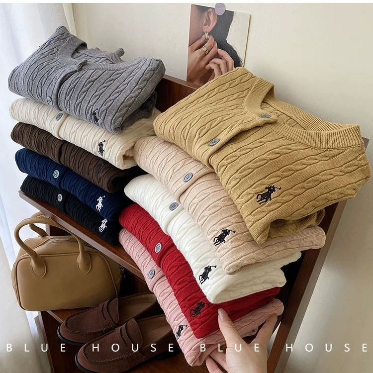 Thickened Old Money Style Pony Embroidered Twist Knitted Cardigan for Women Autumn and Winter Early Autumn Retro Round Neck Red Sweater Jacket