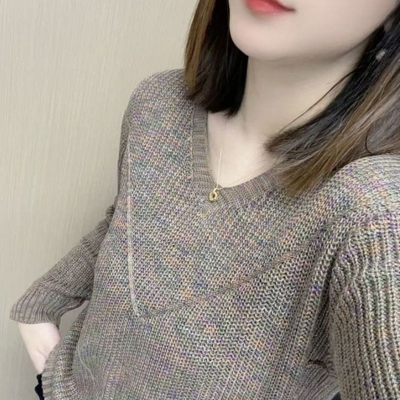 春秋幻彩圆领套头衫女长袖气质百搭宽松显瘦新款针织上衣|undefined