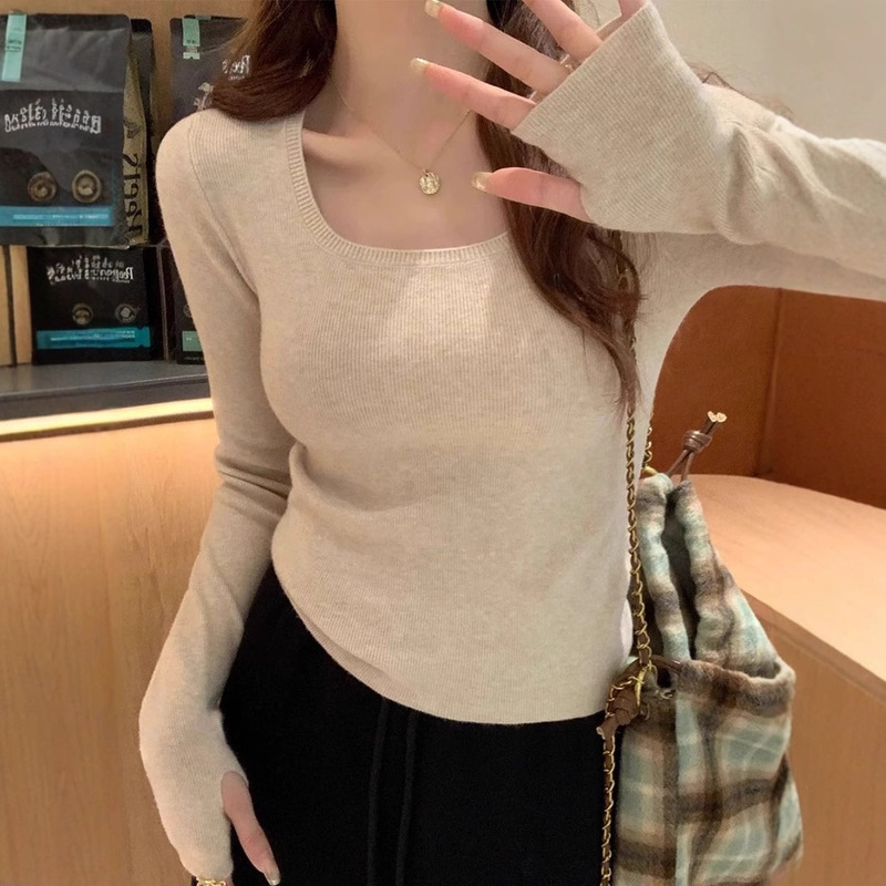Simple Solid Color Square Collar Long-sleeved Sweater Women's Autumn Korean Style Slim-fit Chic Inner Base Shirt Top
