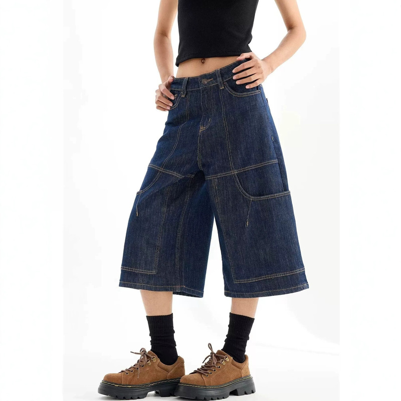 Stylish Large-Pocket Denim Capri Pants for Women, Summer Mid-Waist Versatile Dark Blue Slimming Straight Wide-Leg Pants, Seven-Quarter Length