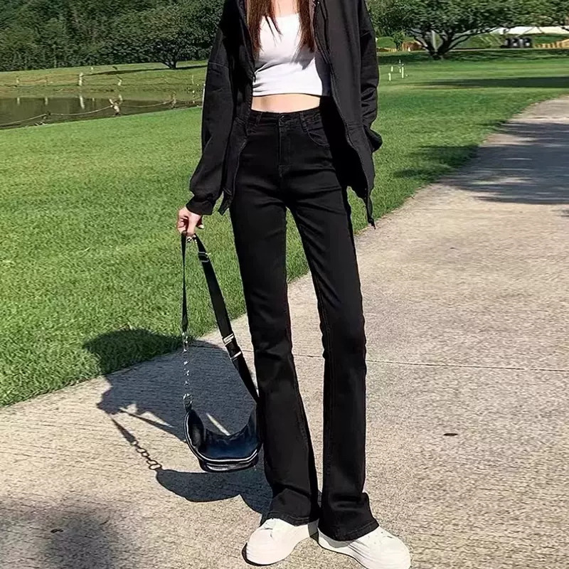 黑色微喇牛仔裤女2025新款春秋弹力修身马蹄裤子高腰小个子喇叭裤