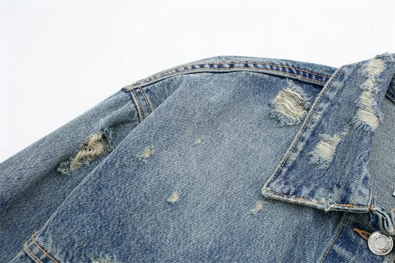 Retro Denim Jacket For Women Long Sleeved Collared Distressed Top_voghion.com