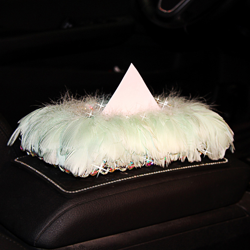 Caja de pañuelos para coche, decoración de asiento, caja de servilletas de coche con plumas de diamantes de imitación para coche, decoración interior brillante y hermoso