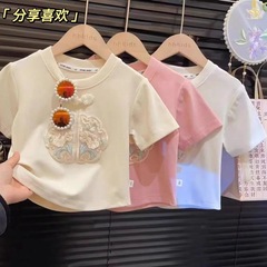 2024新款兒童新中式國風純棉女童短袖t恤夏裝刺繡洋氣小女孩上衣