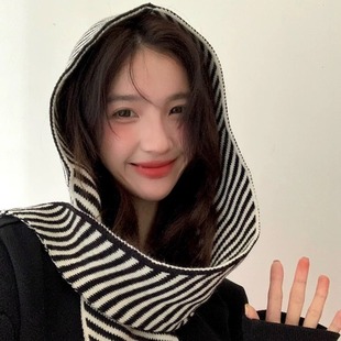 Various styles, autumn and winter Korean style striped hat, scarf, integrated women's warm shawl, wool knitted hat, hood