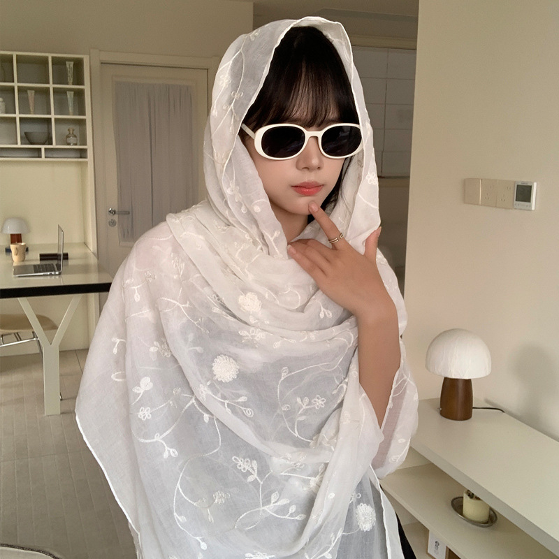 Bufanda de seda bordada, ambiente coreano, color sólido, todo fósforo, pañuelo en la cabeza, bufanda de cuello multiusos, hebilla de placa de protección solar, chal exterior