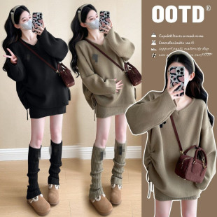 Foreign Style Pregnant Women's Autumn Sweater Dress suit Niche Design Drawstring Top Knitted Short Skirt Fashion Stacked Leg Socks