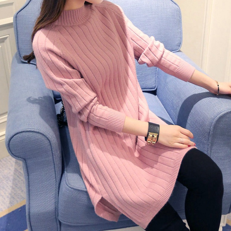 秋冬韩系外穿中长款半高领毛衣裙条纹下摆开叉连衣裙女针织衫上衣