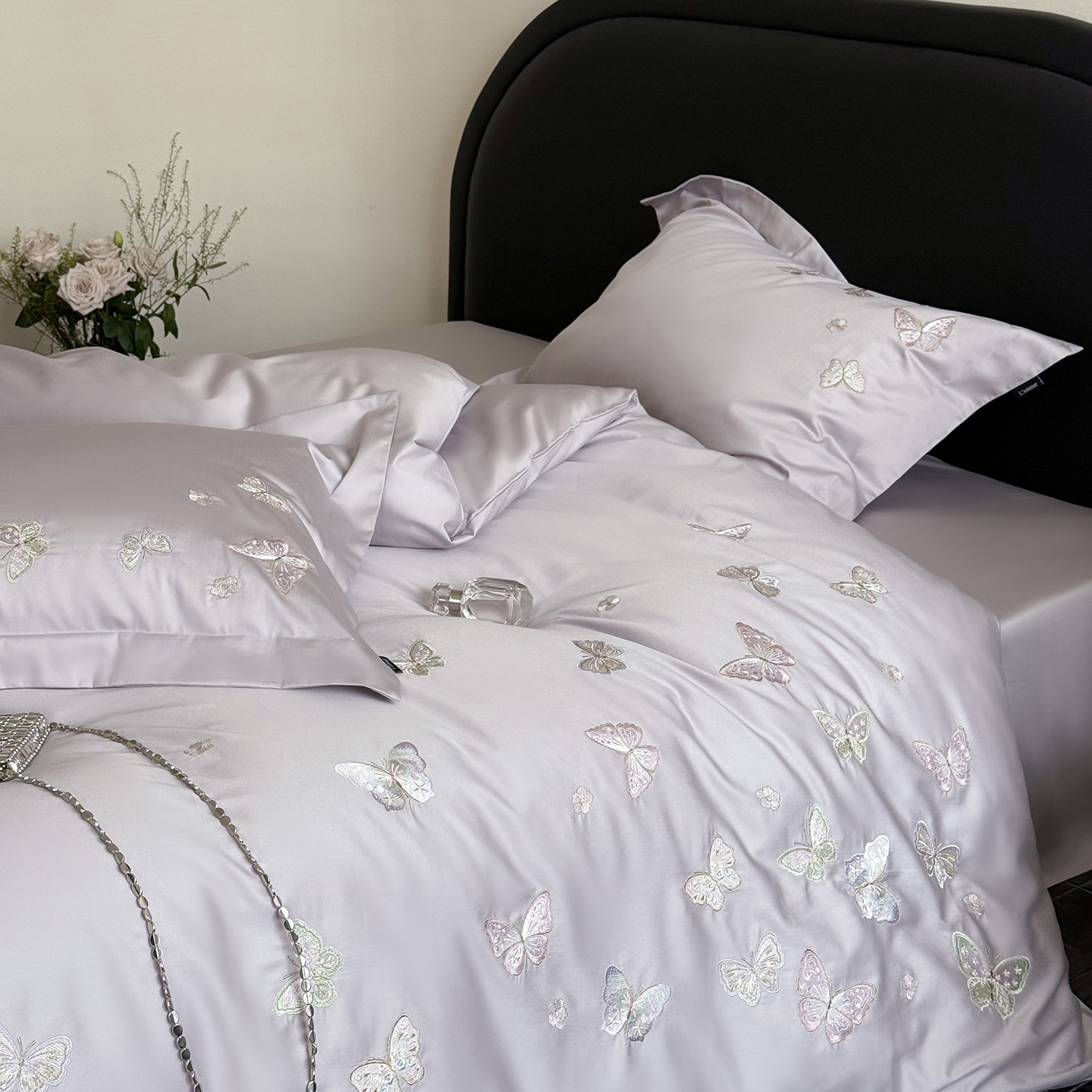 ¡Flor Shadow Shake! 100S algodón largo cuatro piezas de algodón bordado cubierta de edredón de algodón cuadrangular cubierta de almohada cuatro estaciones desnuda para dormir