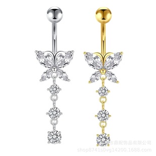 Amazon Cross-Border Stainless Steel Needle Hand-Set Zircon Double Butterfly Tassel Belly Button Ring Piercing Jewelry European and American Style