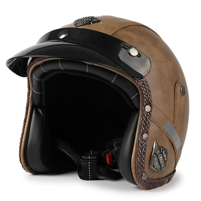 and motorcycles, unisex outdoor riding helmet, Motosiklet kaskı (dəbilqə) - leatherbrown-black-brim-m55-56