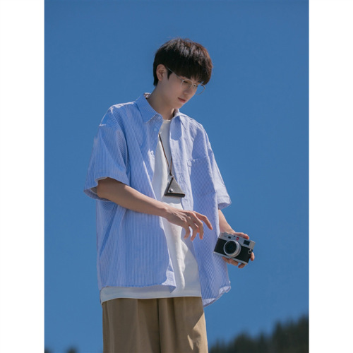 Japanese Striped Short-Sleeve Shirt for Men - Summer Cityboy Casual Stylish Collar Top, Trendy Brand Thin Jacket