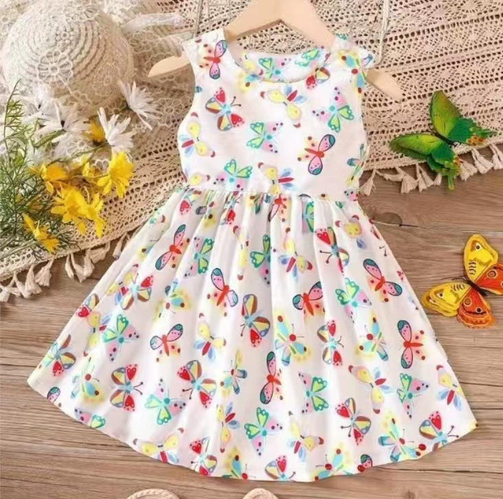 Летние детские платья из Европы и Америки с полным принтом, без рукавов, с круглым вырезом, на заказ, милые детские платья