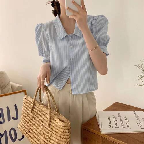 Women's Short Sleeve Plaid Button-Down Collar Shirt from Korean Instagram