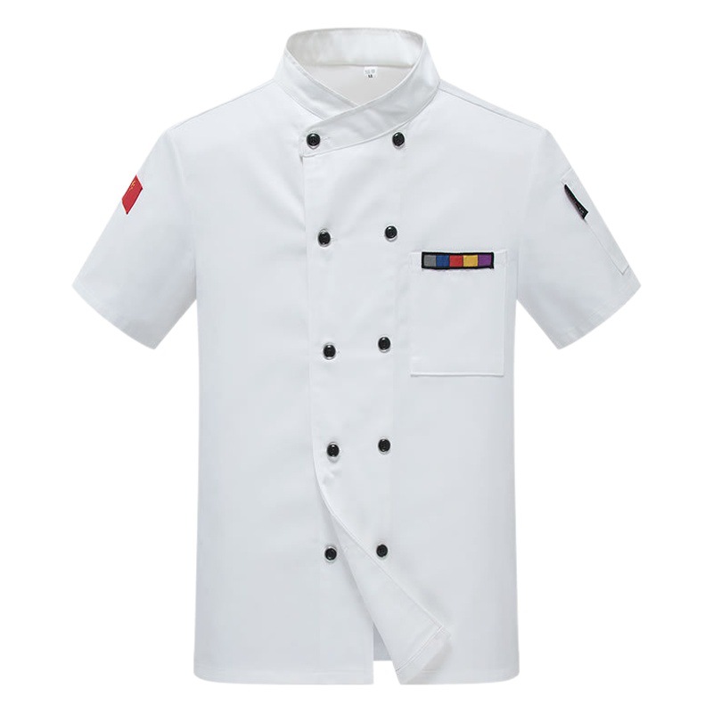 En stock impreso chef ropa verano traje fino cocina restaurante media manga transpirable verano moda chef ropa manga corta