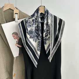 水墨画老钱风真丝羊毛围巾女秋冬季丝毛丝巾高级感系脖方巾70