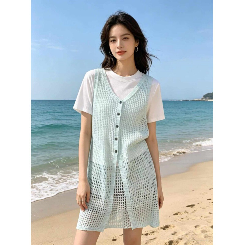 Summer Vacation Style Hollow-Out V-Neck Knitted Dress Layered with a Vest, Women's Outerwear Long Cardigan Sleeveless Top Summer Vacation Style Hollow-Out V-Neck Knitted Dress Layered with a Vest, Women's Outerwear Long Cardigan Sleeveless Top