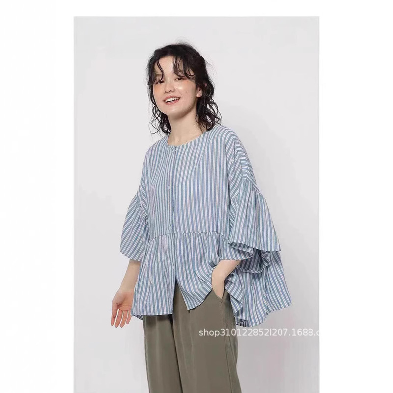 2025 Summer New Japanese Niko Simple Casual Crewneck Double-sided Wear Batmobile Shirt Striped Shirt for Women