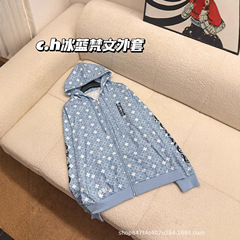 25新款原标CH克罗巴黎限定梵文冰蓝连帽宽松男女卫衣开衫外套