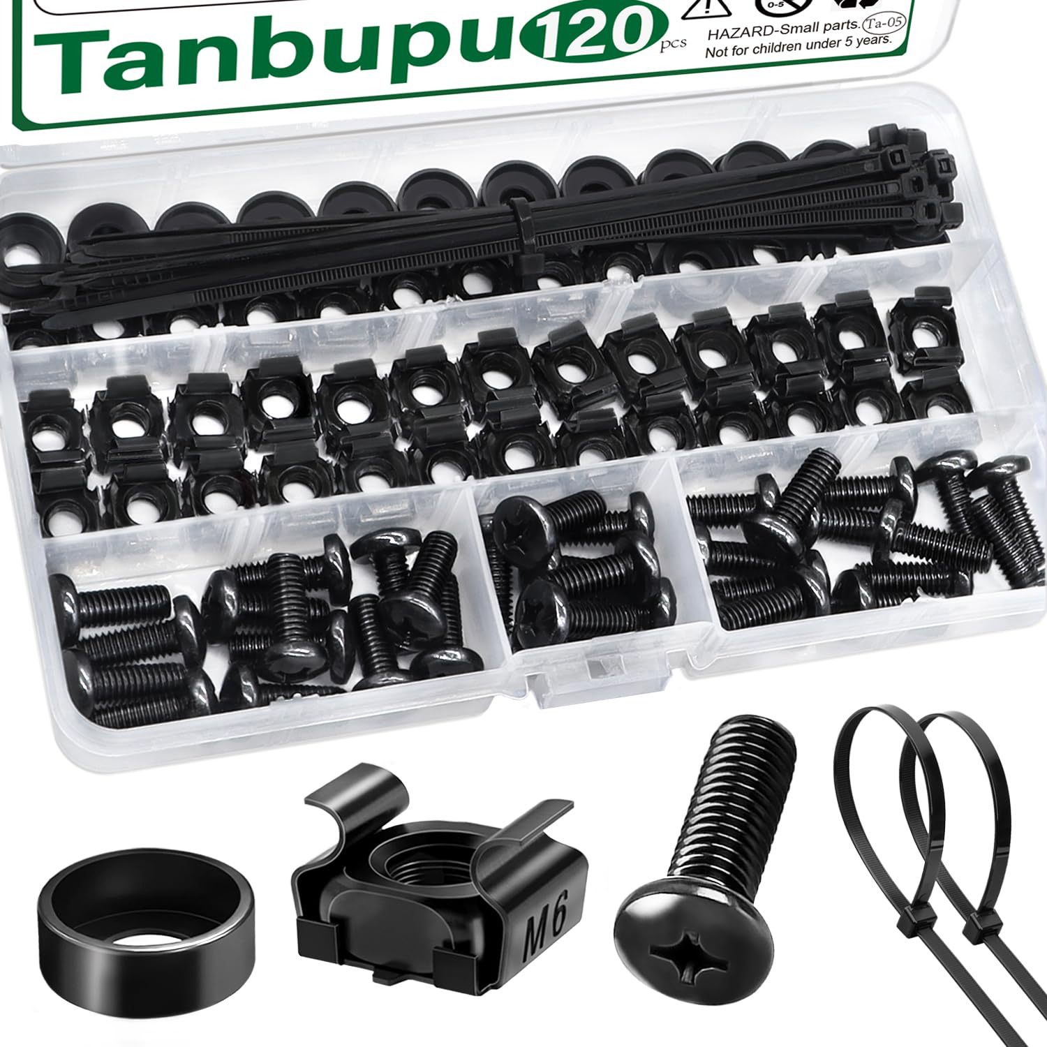 机柜螺丝M6 120pcs盒装镀黑锌机架安装笼形螺母螺钉+垫圈皇冠螺钉