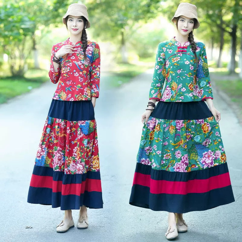 Новый китайский костюм Тан в этническом стиле, северо-восточный костюм с большим цветком, юбка в стиле ретро, ​​улучшенный Cheongsam, комплект из двух предметов в китайском стиле для женщин