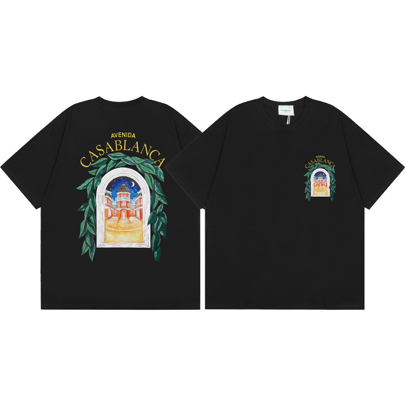 クロスボーダー2025夏服カサブランカドア枠ロゴプリント男女ゆるい半袖tシャツ重ポンド綿|undefined
