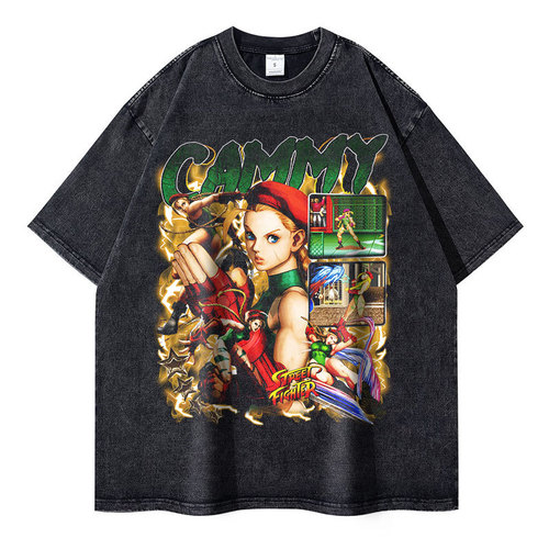 200g fabric EU size cotton T Game Street Fighter T-shirt retro wash Cammy T-shirt street clothing retro