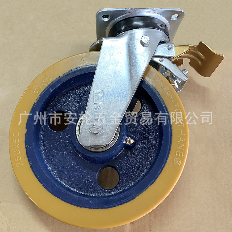德国WICKE威卡脚轮10寸浇注聚氨酯胎面铸铁芯250mm带刹车轮508771