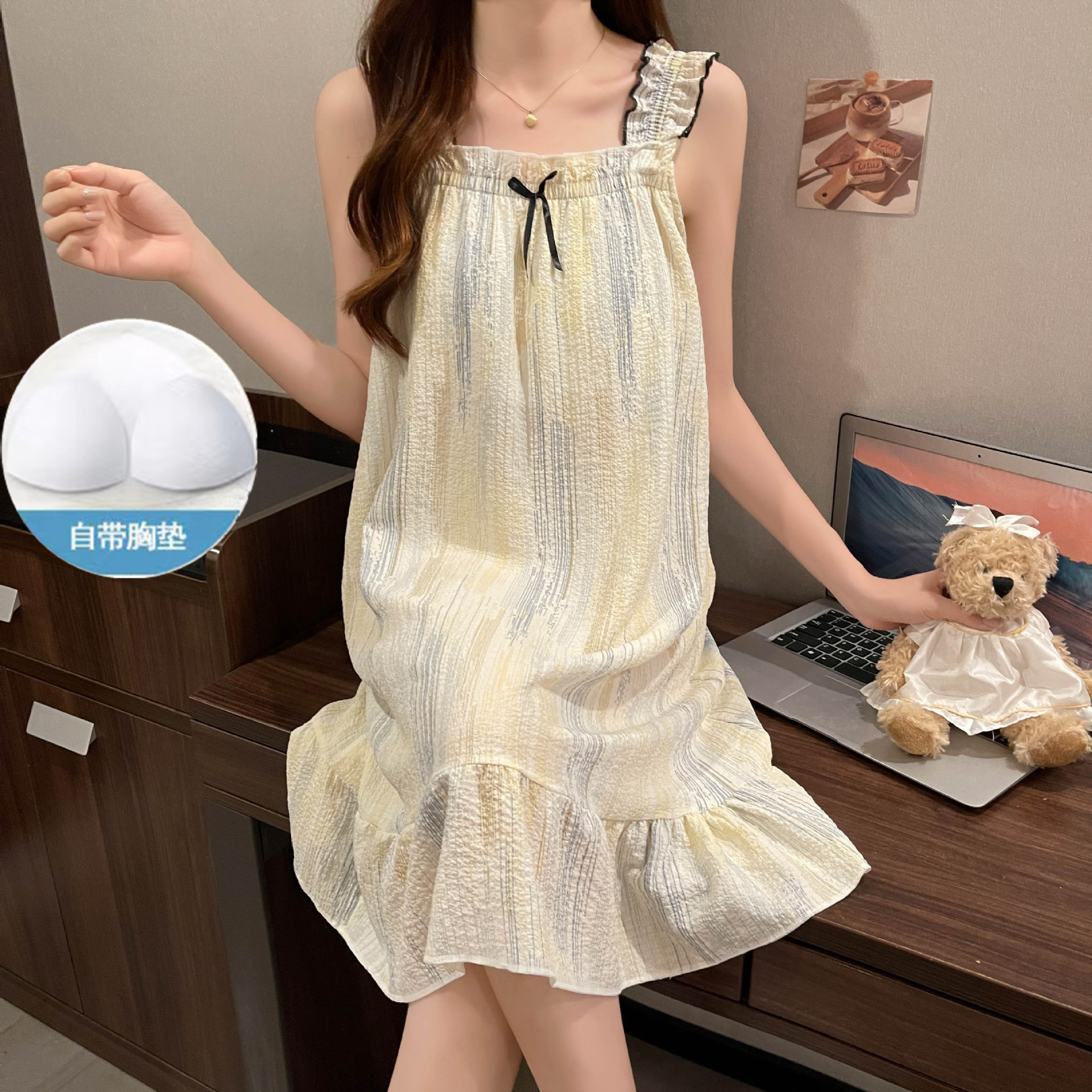 2024 pijamas de verano mujeres en vivo espuma explosiva con cojín de pecho sexy cabina dulce lindas pijamas ropa para el hogar