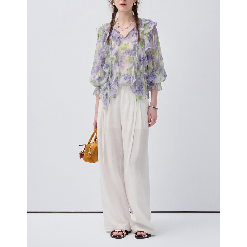 Áo sơ mi nữ chiffon in hoa tay dài viền lá sen — Yên Hà Tử chi tiết 1