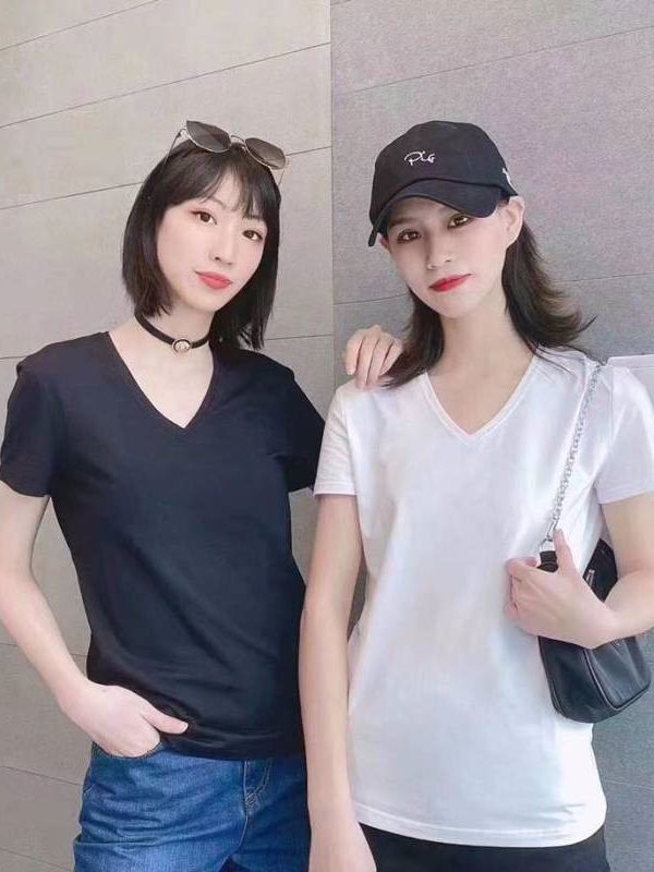 Áo thun nữ ngắn tay cổ chữ V cơ bản dễ phối tôn dáng kiểu mới mùa xuân hè — Trắng (Cổ tròn)