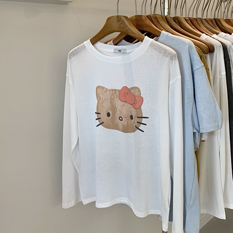 Korean Dongdaemun Biscuit Cat Print Thin Long-Sleeve T-Shirt for Women, Summer Loose and Lazy Style Sun Protection Top Korean Dongdaemun Biscuit Cat Print Thin Long-Sleeve T-Shirt for Women, Summer Loose and Lazy Style Sun Protection Top