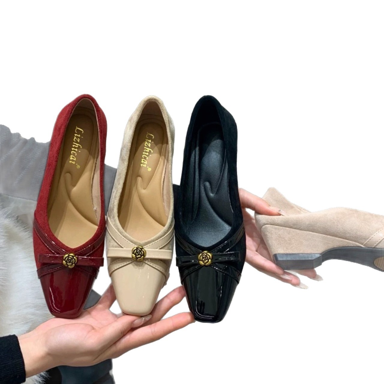 Elegant Soft Bowknot Chunky Heel Women's Shoes, 2026 New Spring And Autumn Square Toe Shallow Camellia Leather Shoes_voghion.com