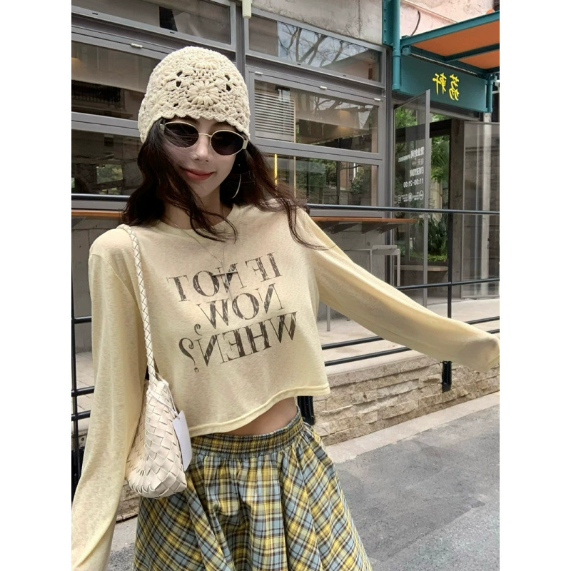 Реальный снимок и реальная цена, летняя модная тонкая свободная футболка с длинными рукавами и защитой от солнца + асимметричный клетчатый костюм с юбкой с высокой талией